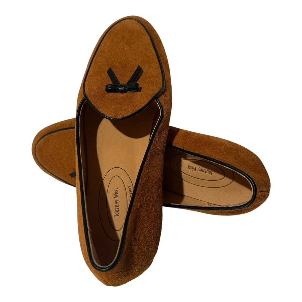 Journey West Men's 9.5M Suede Belgian Loafers Brown‎ Slip-On Bow Dress Shoes ECU